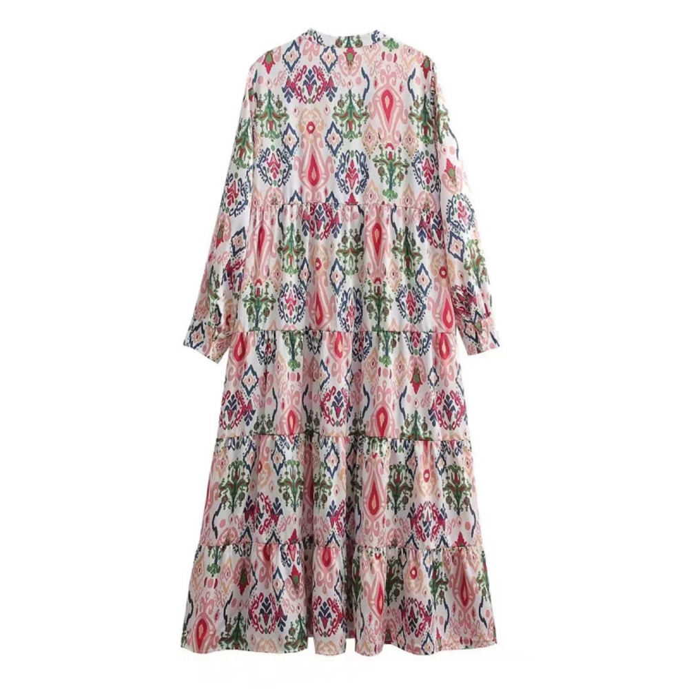 ZARA Long Sleeve Printed Loose Tiered Flare Maxi Dress